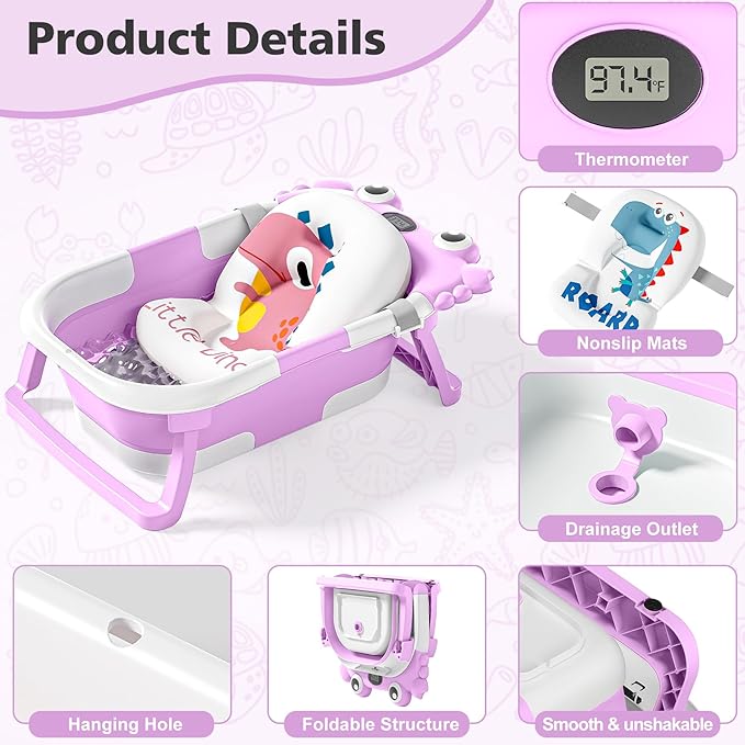 Collapsible Baby Bathtub for Newborns with Thermometer and Soft Floating Cushion Portable and Foldable Travel Baby Bath Tub for Infants to Toddler 0-36 Month (Purple)