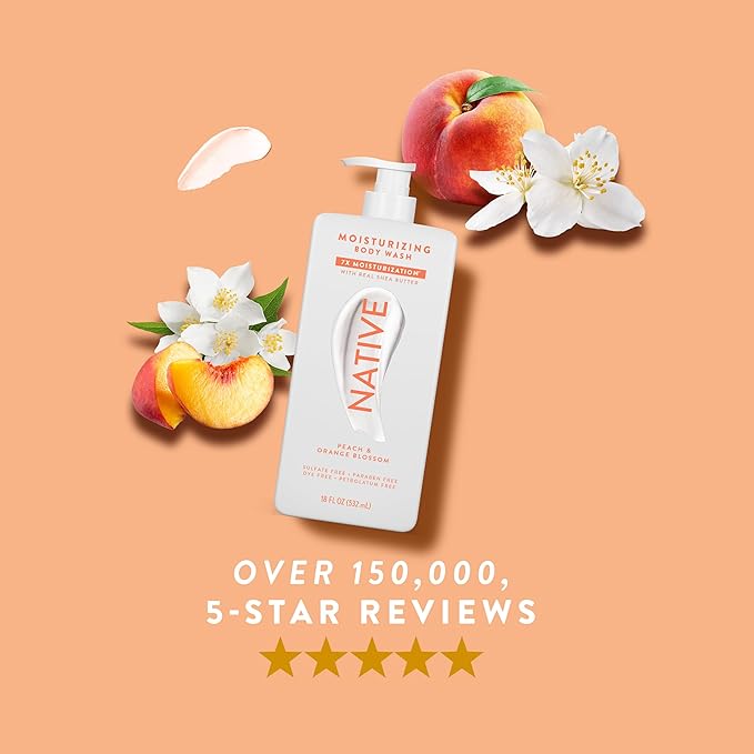 Native Moisturizing Body Wash Contains Naturally Derived Ingredients | For Women & Men, Sulfate, Dye, & Paraben Free Leaving Skin Soft and Hydrated | Peach & Orange Blossom 18 oz