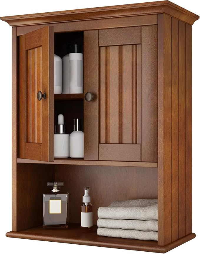 Treocho Wood Wall Cabinet, Bathroom Medicine Cabinet Storage with Doors and Adjustable Shelf, Rustic Cabinet Wall Mounted for Bathroom, Livingroom, Kitchen, Cupboard, Reddish Brown