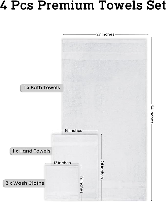 Casa Lino 100% Cotton Bath Towels Set of 4 (1 Bath Towel, 1 Hand Towel & 2 Wash Cloths) - Bathroom Towels and Washcloths Set - Complete Bathroom Set - Guest Room Essentials - (White)
