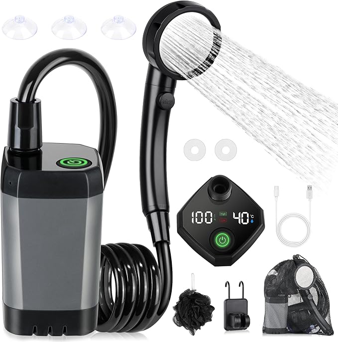 Portable Shower for Camping, [Long-Lasting] Spopal 6000mAh Rechargeable Camping Shower with Intelligent LED Display, 4 Spray Modes, IPX7 Waterproof Outdoor Camp Pump for Hiking, Travel, Car, Pet