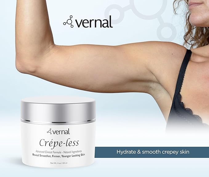 Vernal Crepe-less crepey skin firming cream to reduce crepey arms, neck & hands. Organic tightening cream to reduce thin wrinkled skin on arms, neck and body. Made in USA (4 Oz)