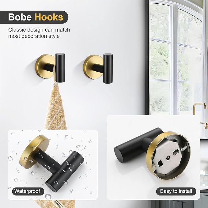TQKAG 8-Pieces Bathroom Hardware Set Black and Gold SUS304 Stainless Steel Bath Towel Bar Set 23.6 Inch Round Bathroom Accessories Kit Wall Mounted