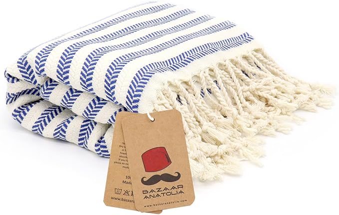 Bazaar Anatolia Turkish Beach Towel – 100% Cotton, Quick Dry, Sand Free Striped Towel for Bathroom and Camping – Oversized 71x39 Inches – Arpa Dark Blue