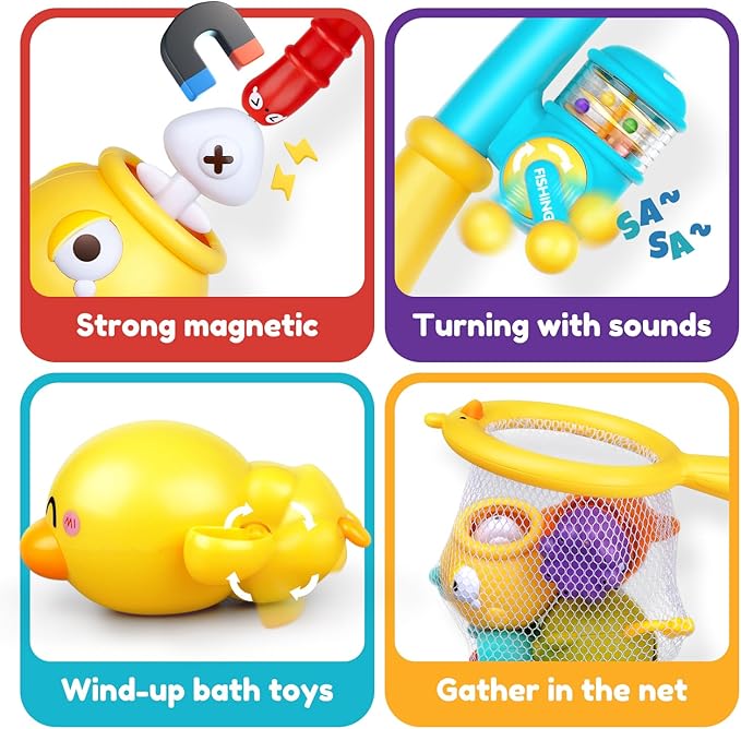 Baby Bath Toys for Kids Ages 1-3, Magnetic Fishing Games with Floating Bathtub Wind-Up Toys & Fishing Net, Fishing Rod Water Pool Toys for Toddlers 1-3