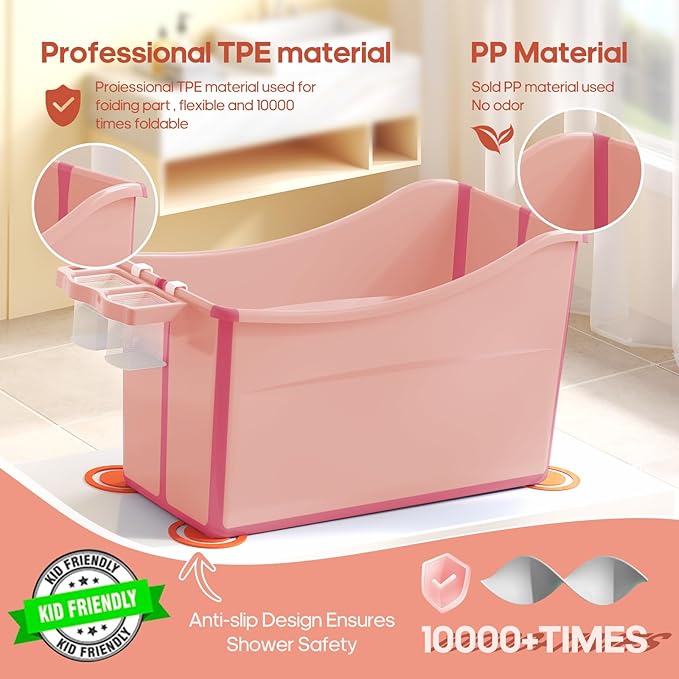Collapsible Baby Bathtub Foldable Bathtub for Toddler Portable Large Foldable Bath Tub Bathtub for Kids Petite with Thermometer and Storage Basket (Pink)