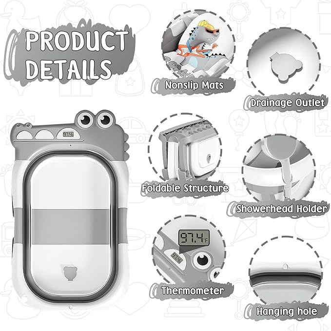 MoreFeel Collapsible Baby Bathtub for Newborn with Thermometer & 1 Hooded Towel & 1 Soft Floating Cushion,Portable Travel Bathtub with Drain Hole, Durable Foldable Baby Tubs for Infants to Toddler