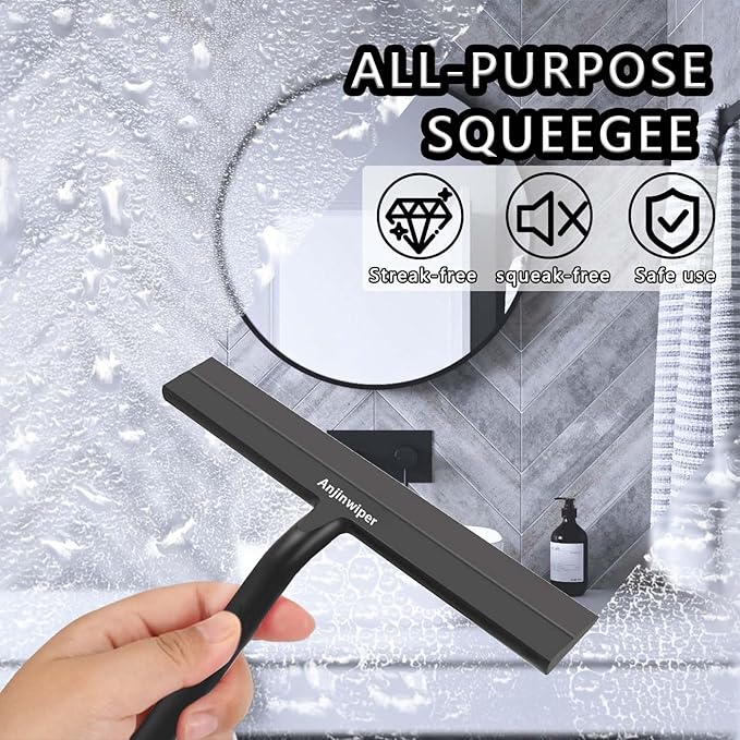 Shower Squeegee for Glass Doors with Adhesive Hook, All-Purpose Squeegee for Shower Glass, Bathroom, Window, Mirror, Car Glass and Tile Wall-8.6 Inches,Black