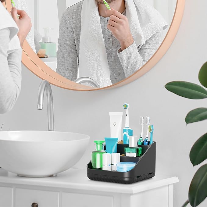Chintu Toothbrush Holders Bathroom Countertop Organizer-Electric Tooth Brushing Holder 6 Slots Toothbrush Caddy for Counter Organization Kids Family Toothpaste Holder for Vanity Storage Black