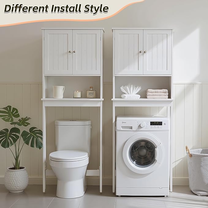 Over The Toilet Storage Cabinet, Behind Toilet Bathroom Organizer with Adjustable Shelves, Above Toilet Organizers with Barn Door, Space Saver for Restroom, Bathroom, Laundry