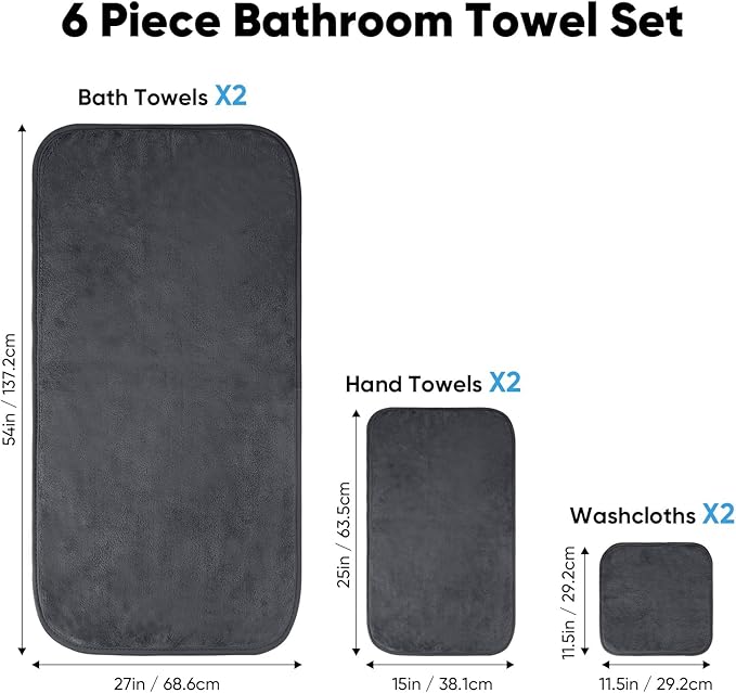 Orighty 6-Piece Towel Set - Soft & Lightweight - 2 Bath Towels, 2 Hand Towels, and 2 Wash Cloths - Absorbent & Quick Drying Microfiber Towel for Multipurpose, Bathroom, Gym, Sport, Yoga, Travel-Grey