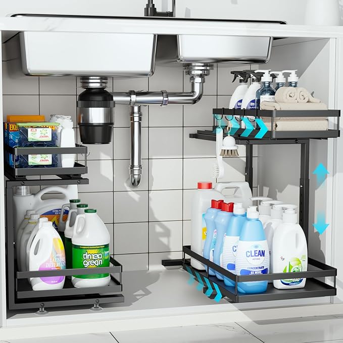 Under Sink Organizer, JCYLQ Dual-Rail Ball-Bearing, Under Kitchen Sink Organizer, 6-Level Adjustable, Under Cabinet Storage, No-Drill Adhesive/Suction, Under Sink Organizers and Storage (2-Pack)