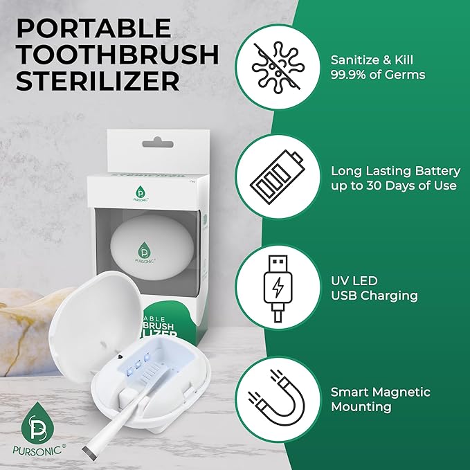 Pursonic Portable UV Toothbrush Sanitizer Case – Rechargeable Toothbrush Cleaner with UV Light & Magnetic Mounting – Compact, Hygienic & Long-Lasting (30-Day Battery) for Home & Travel (White)
