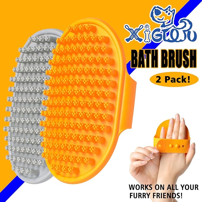 Dog Bath Brush, 2 Pcs Short Hair Grooming Brush for Dogs & Cats - Soothing Massage Rubber Bristles Curry Comb with Adjustable Handle