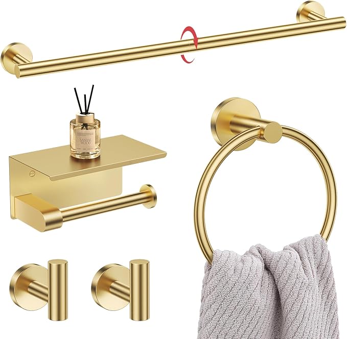 5-Piece Towel Bar Set Brushed Gold Bathroom Hardware Accessories Set Upgraded Toilet Paper Holder with Shelf Towel Holder Set for Bathroom Stainless Steel Wall Mounted