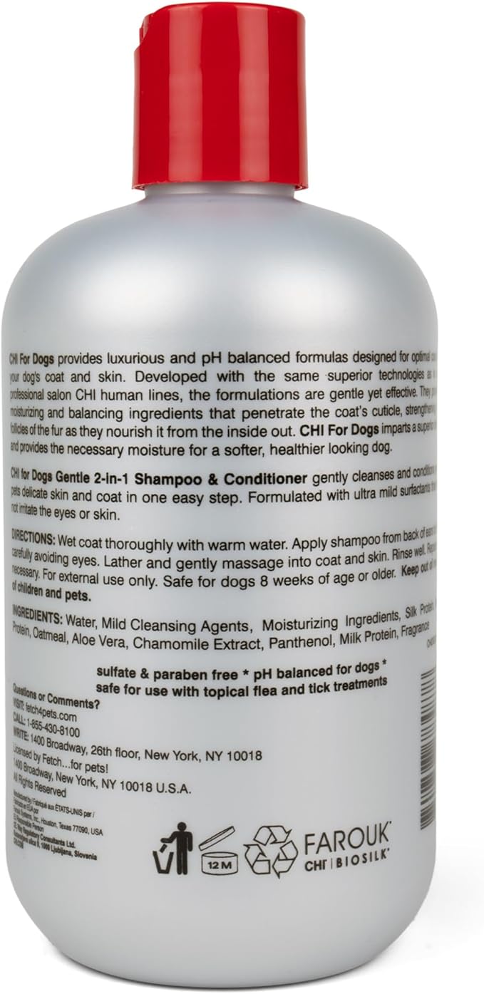 CHI for Dogs Gentle 2-in-1 Shampoo and Conditioner - Softening and Cleansing Formula for Puppies and Adult Dogs - pH Balanced Dog Wash for All Coat Types - 16 Fl Oz