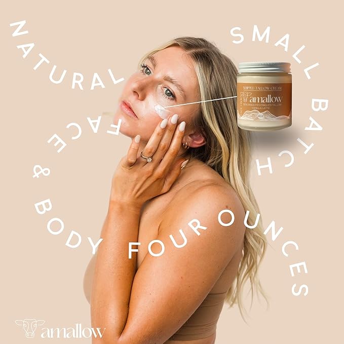 Amallow 100% Grass Fed Beef Tallow for Skin Care - Face + Body - Whipped Moisturizer - Natural Lotion, 4 FL. oz. (Vanilla Latte)