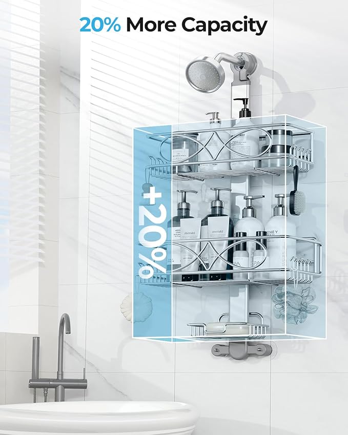 ODesign 2 Tier Stainless Steel Anodized Aluminum,Height-Adjustable Rustproof Shower Caddy Hanging Anti-Swing-Over The Shower Head Caddy-Bathroom Showe r Storage Organizer With Soap Box Holder- Sliver