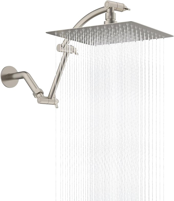 Hibbent All Metal cUPC Certified Rain Shower Head, 10'' High Pressure Rainfall Showerhead with 16" Shower Head Extension Arm, Brass Adjustable Shower Arm Extender, fixed Showerheads, Brushed Nickel