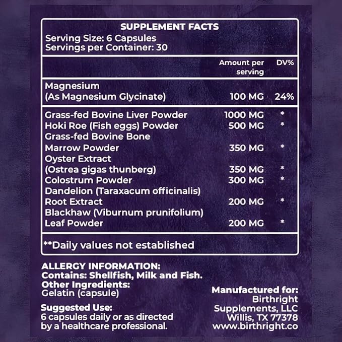 Birthright Complete Prenatal Supplement for Fetal Development… Folate, Choline + DHA, from Grass Fed Liver, Fish Eggs, Colostrum, Bone Marrow, with All Natural Herbal Blend Bloom