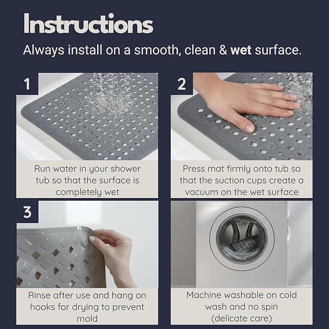 homerella® Shower Mat Non Slip Anti Mold, Non Slip Shower Mats for Inside Shower Stall Anti Slip Mat, Square Shower Floor Mat 21 x 21 in with Suction Cups & Hooks for Quick Drying, Machine Washable
