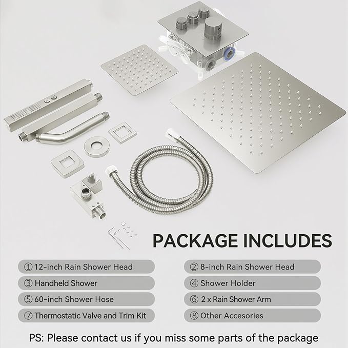 Thermostatic Shower Systems Brushed Nickel Shower Faucets Sets, STARBATH 12+ 8" Ceiling Mount Rain Shower and 2 in 1 Handhled, Can Use All at Once, Push Button 3 Modes Valve Complete Shower Set