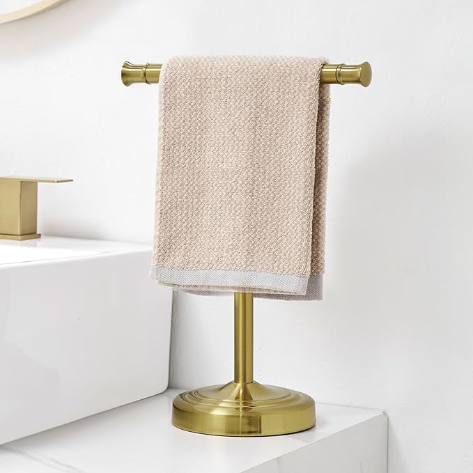 RUMOSE 13 Inch Brushed Gold Towel Stand Hand Towel Holder Bathroom Kitchen Vanity Countertop T-Shape Towel Rack Free Standing Stainless Steel Towel Bar Towel Ring