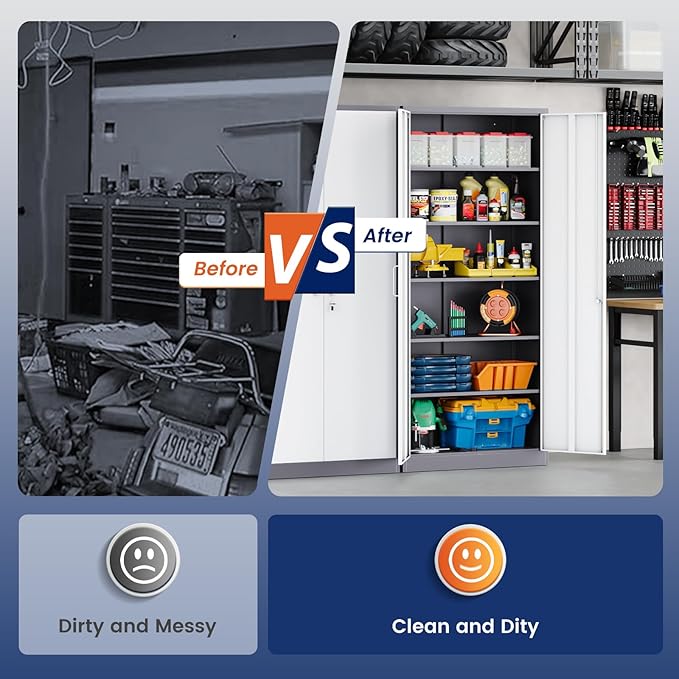 Yizosh Metal Garage Storage Cabinet with 2 Doors and 5 Adjustable Shelves - 71" Steel Lockable File Cabinet,Locking Tool Cabinets for Office,Home,Garage,Gym,School (Gray White)