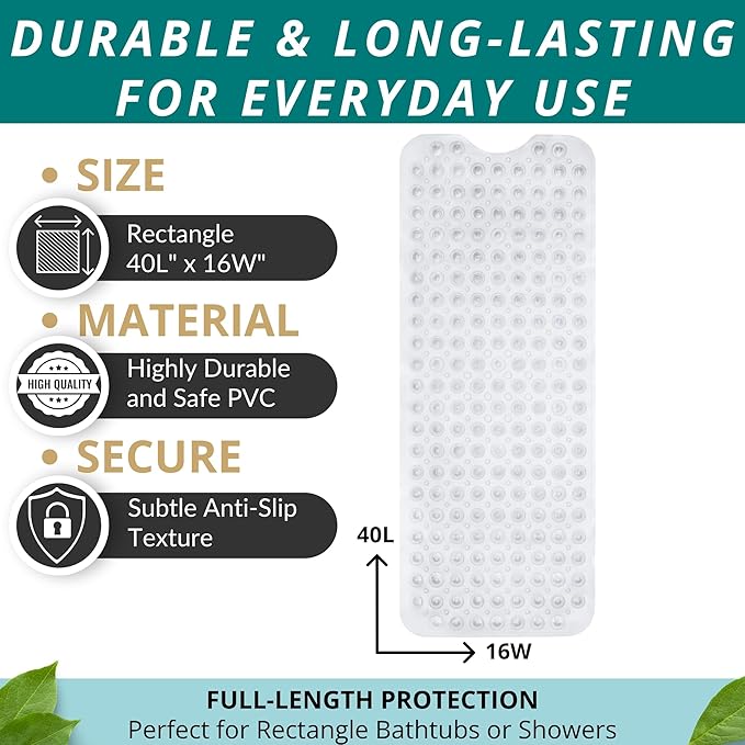 ENKOSI Bath Mat – 40 x 16 Inch Extra Long Non Slip Bathtub Mat – Anti Slip Clear Shower Mat with Suction Cups and Drain Holes – Bathroom Mat for Bath Tub and Smooth Shower Floors (40x16 Clear)