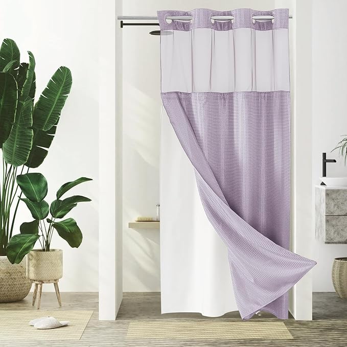 Gibelle Stall Small Shower Curtain 36x74, Waffle Weave Shower Curtain with Snap-in Fabric Liner Set, No Hooks Needed, Hotel Style with Mesh Top Window, Lavender