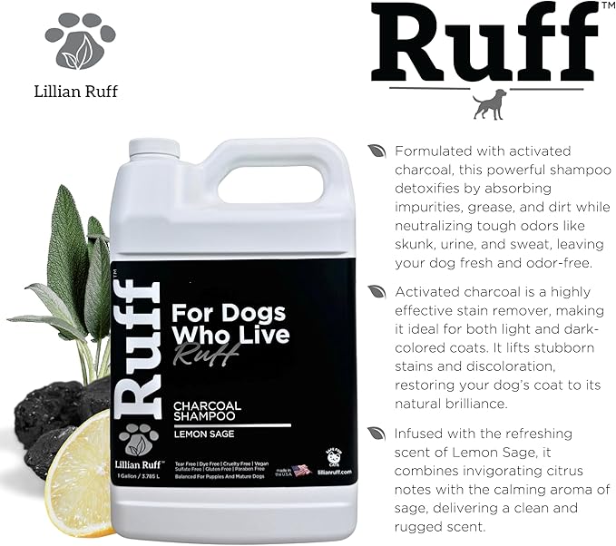 Ruff by Lillian Ruff Activated Charcoal Pet Shampoo – Lemon Sage – Deep Cleanser, Deodorizer & Stain Remover – Hydrates Dry Itchy Skin – Puppy & Dog Safe – USA Made (Gallon Pump)