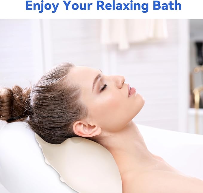 Goowin Bath Pillows for Tub, New Generation Skin-Friendly Silicone Bath Pillow, Luxury Bathtub Pillow for Head and Neck, Powerful Suction Tub Pillow for Bathtub with Inflatable Airbag (Off-White)