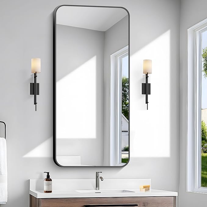 BONEWEI 24x48 inch Bathroom Mirror,Black Rectangle Mirror,Wall Mounted Bathroom Frame Vanity Mirror with Round Corner for Bedroom Living Room, Entryway Hangs Horizontal or Vertical