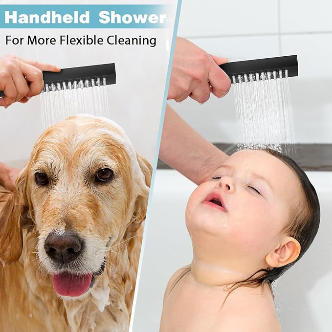 Rainfall Shower System with Handheld Spray and 12" Rain Shower Head, Can Be Use at Same Time, Push Button Multi Shower Head System for 2 People, Matte Black