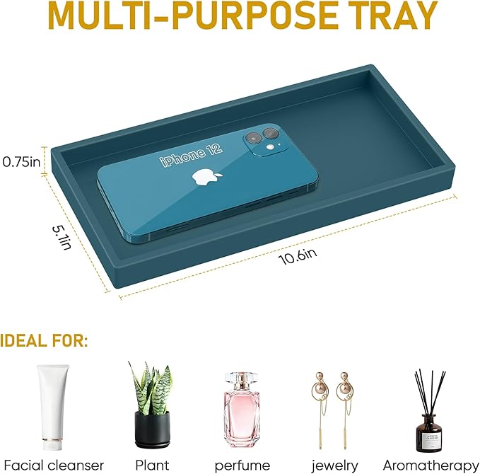 Silicone Vanity Tray - Thickened, Shatterproof Rectangle for Bathroom Counter - Large 10.6 * 5.1 in