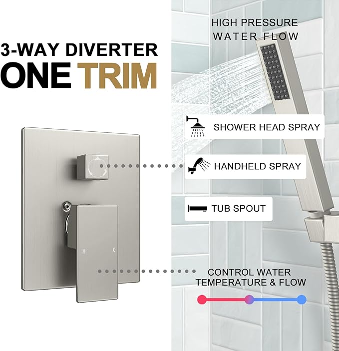 Lava Odoro Modern 3-Setting Square Shower and Tub Faucet Set with Shower Head and Handheld Sprayer Brushed Nickel, Rainfall Shower System with Tub Spout, Shower Valve Trim Kit, SF103-BN-T