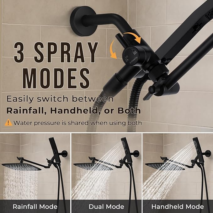 G-Promise All Metal 12 Inch Dual Square Shower Head with Handheld Spray Combo, Rain Shower Head, Adjustable Extension Arm, 3-Way Diverter, 71 Inch Extra Long Hose - A Bathroom Upgrade (Matte Black)