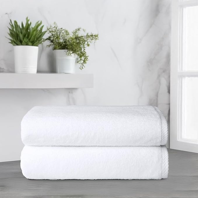 Amazon Basics 2 Piece Quick-Dry Oversize Bath Towel, 100% Cotton, White, 54" x 30"