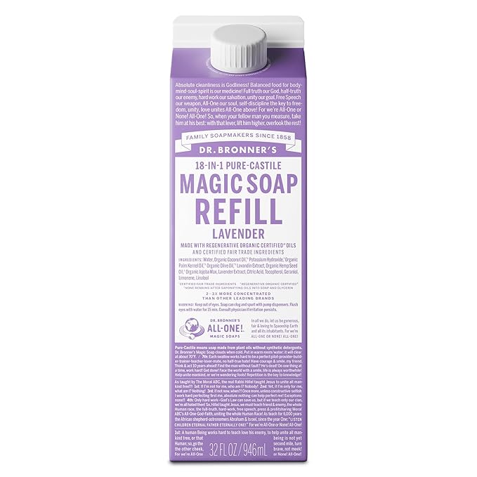 Dr. Bronner's Pure-Castile Liquid Magic Soap Refill - Made with Regenerative Organic Certified Oils, 86% Less Plastic per Quart - 18-in-1 Uses for Face, Body Wash, Hand Soap Refill- Lavender, 32oz
