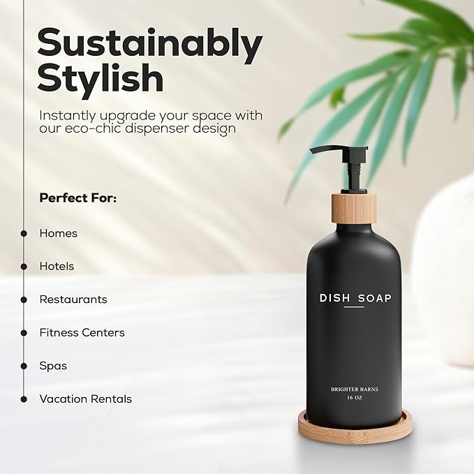 Black Glass Dish Soap Dispenser for Kitchen Sink by Brighter Barns - Modern Kitchen Soap Dispenser Set with Tray - Bamboo Bottle with Pump - Boho Home Decor, Modern Home Decor for Airbnb, Gift (Black)