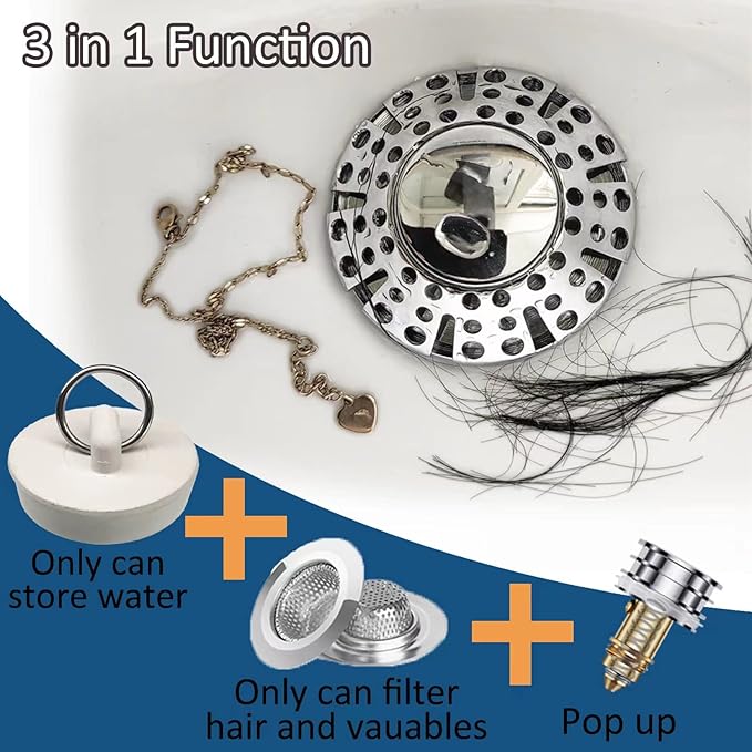 Universal Tub Stopper Bathtub Drain Plug, Pop Up Tub Drain Hair Catcher, Drain Cover with Strainer, for 1-3/8 to 2in Bath Drain Hole