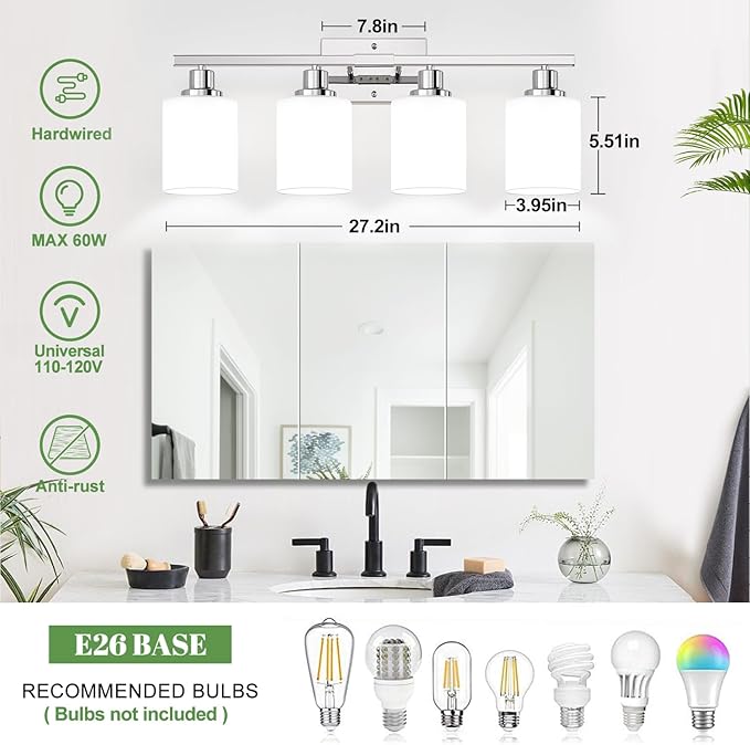 4-Light Vanity Light with Milky White Shades, Chrome Bathroom Lighting Fixtures Over Mirror, Modern Bathroom Wall Lamp for Mirror Living Room Cabinet Bedroom