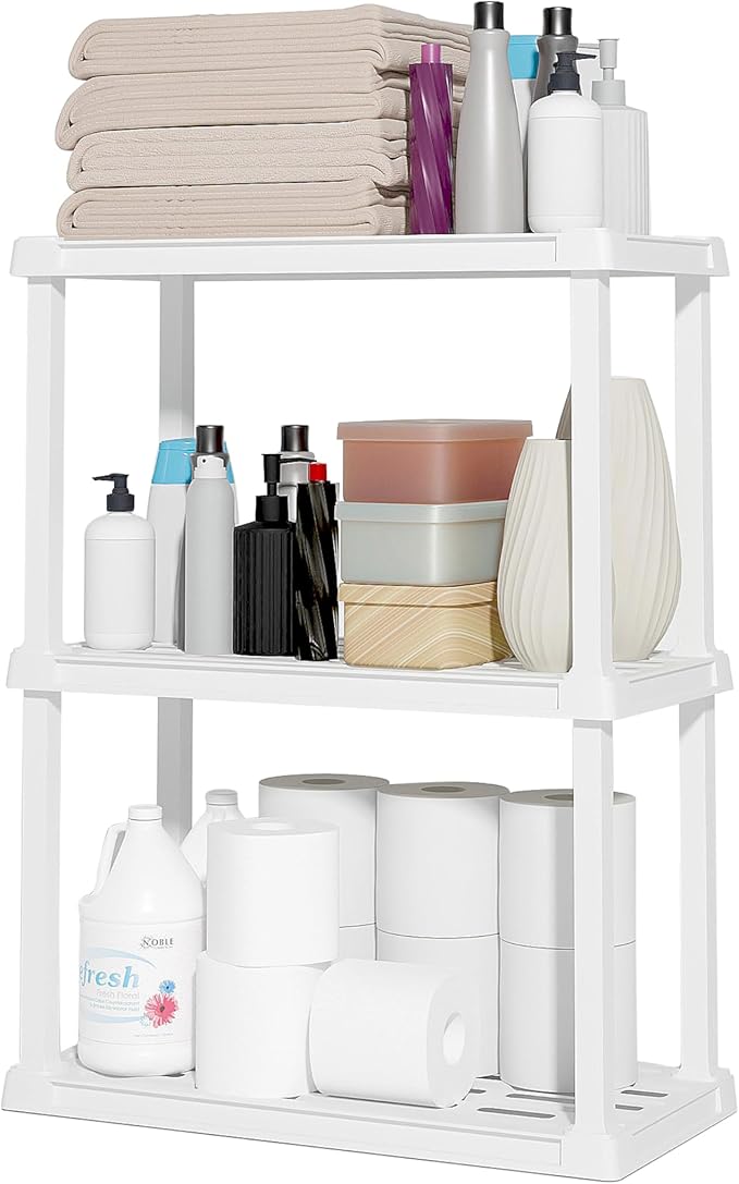 IRIS USA 3-Shelf Light Duty Plastic Storage Shelves, 150lb Capacity, 33" H x 24" W x 12" D, Medium Modular Shelving Unit Storage Organizer for Bathroom, Laundry, Garage & Home, Storage Rack - White
