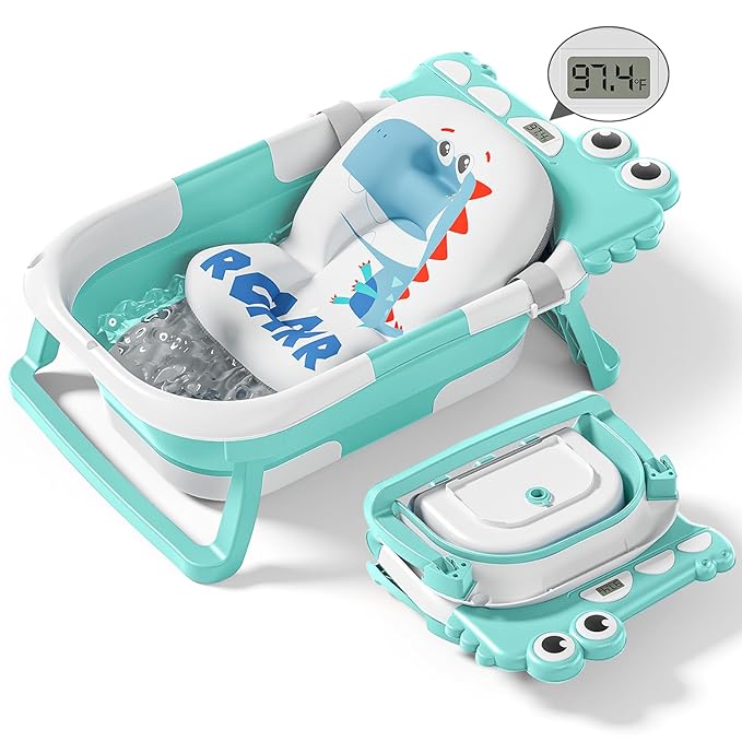 Collapsible Baby Bathtub for Newborn with Thermometer & 1 Soft Floating Cushion & Drain Hole, Foldable & Portable Travel Baby Bath Tub for Newborns to Toddlers 0-36 Months Boys, Cyan