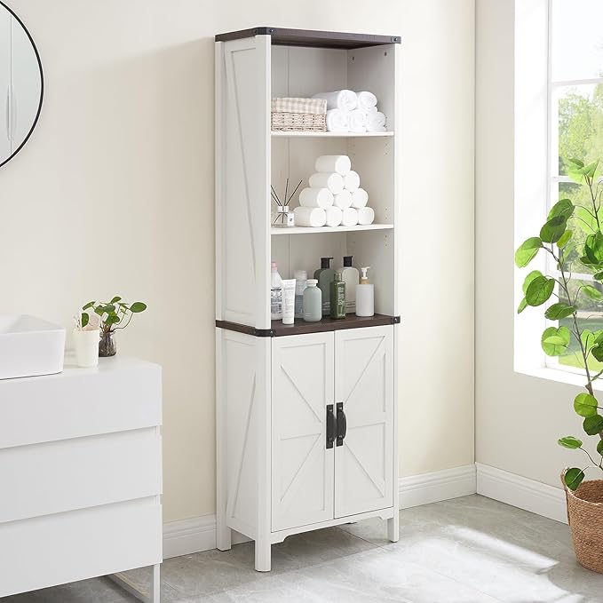 70.87 Tall Bathroom Storage Cabinet, Farmhouse Storage Cabinet with 2 Barn Doors and Adjustable Shelves, Bathroom Organizer for Living Room, Entryway, Kitchen (Antique White)