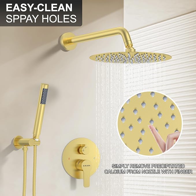 12 Inch Brushed Gold Shower System - High Pressure Rain Shower Head, Handheld Showerhead, and Wall Mounted Faucet Set