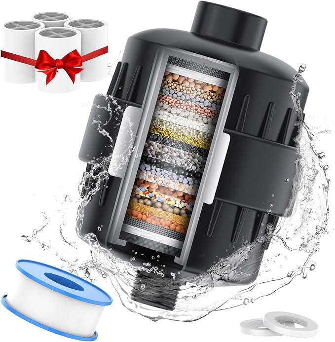 Black Showerhead Filter for Hard Water - 24 Stage Shower Filter Shower Water Filter with 4 Replaceable Filter Cartridges Protects Your Skin and Hair from Chlorine and Heavy Metals in Water
