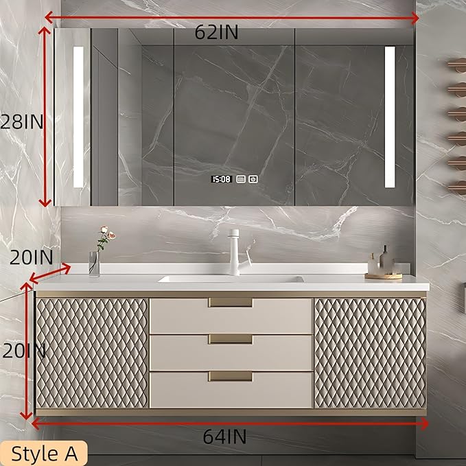 64IN Modern Bathroom Vanity - Wall-Mounted Bathroom Cabinet with LED Light | Intelligent Defogging Mirror Cabinet Includes Time Display Function, 2 Drawers & 2 Storage Cabinets (Style A)