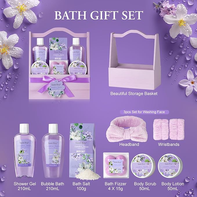 Bath and Body Gift Basket Set for Women - Jasmine Christmas Gifts for Women, Spa Gift Basket 13-Piece Bath Gift Set, Gift Set for Ladies Body & Bath Gifts Set Lavender Gift Baskets For Mom