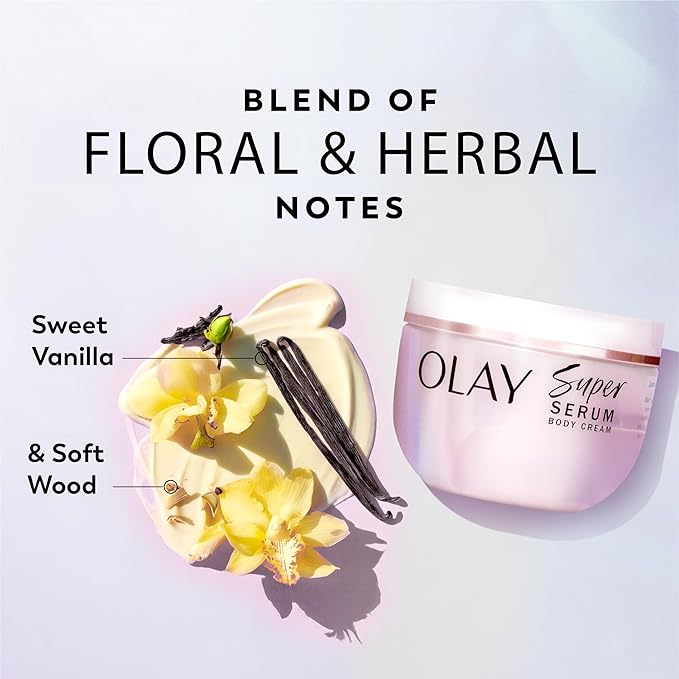 Olay Super Serum Body Cream for Dry Skin, 24hr Long Lasting Hydration, 5+ Ingredient Serum Complex for Bright Even Firm Luminous Skin, Sweet Vanilla & Soft Wood Scent,10 fl oz